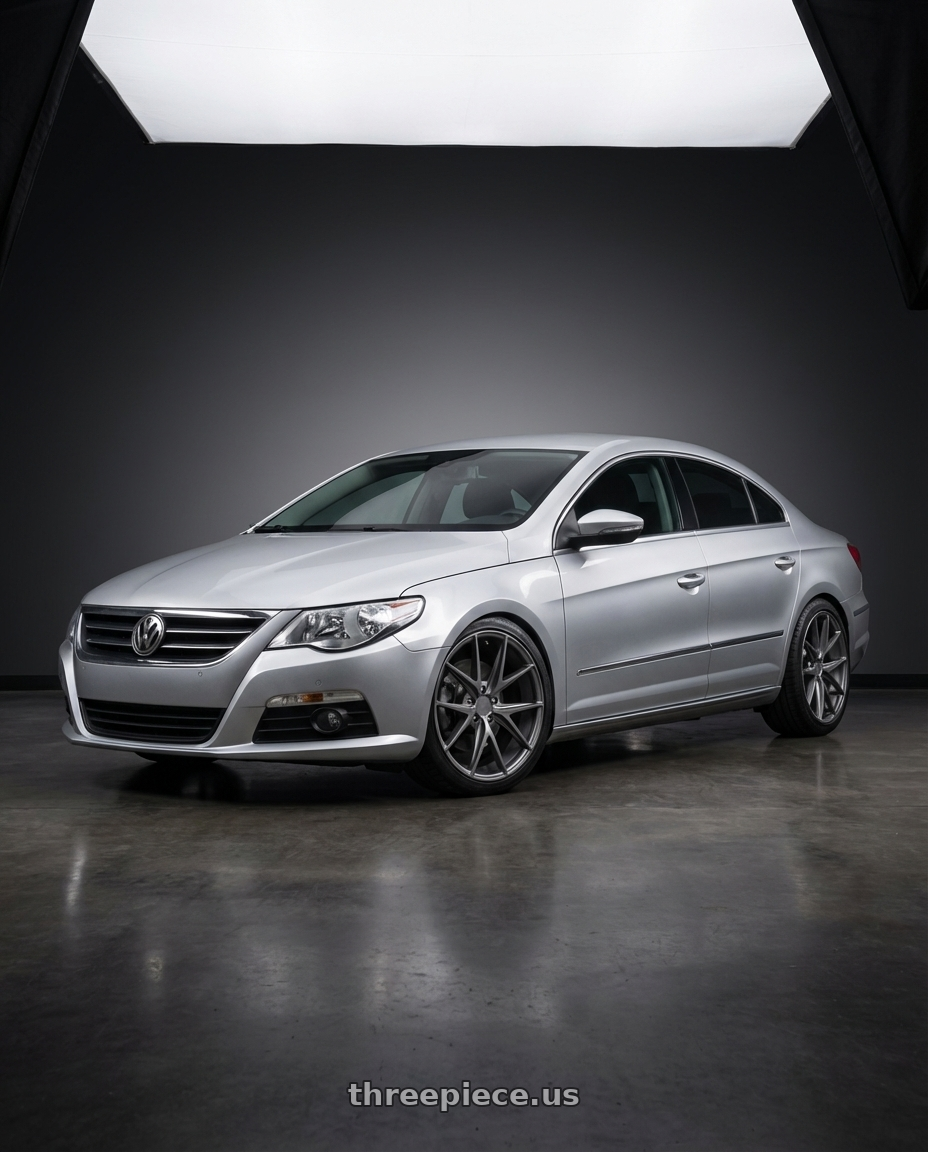 2015 Volkswagen CC with Niche 1PC M116 MISANO 5X112 19X9.5 +35 MATTE GUN METAL wheels front three quarter view lowered stance