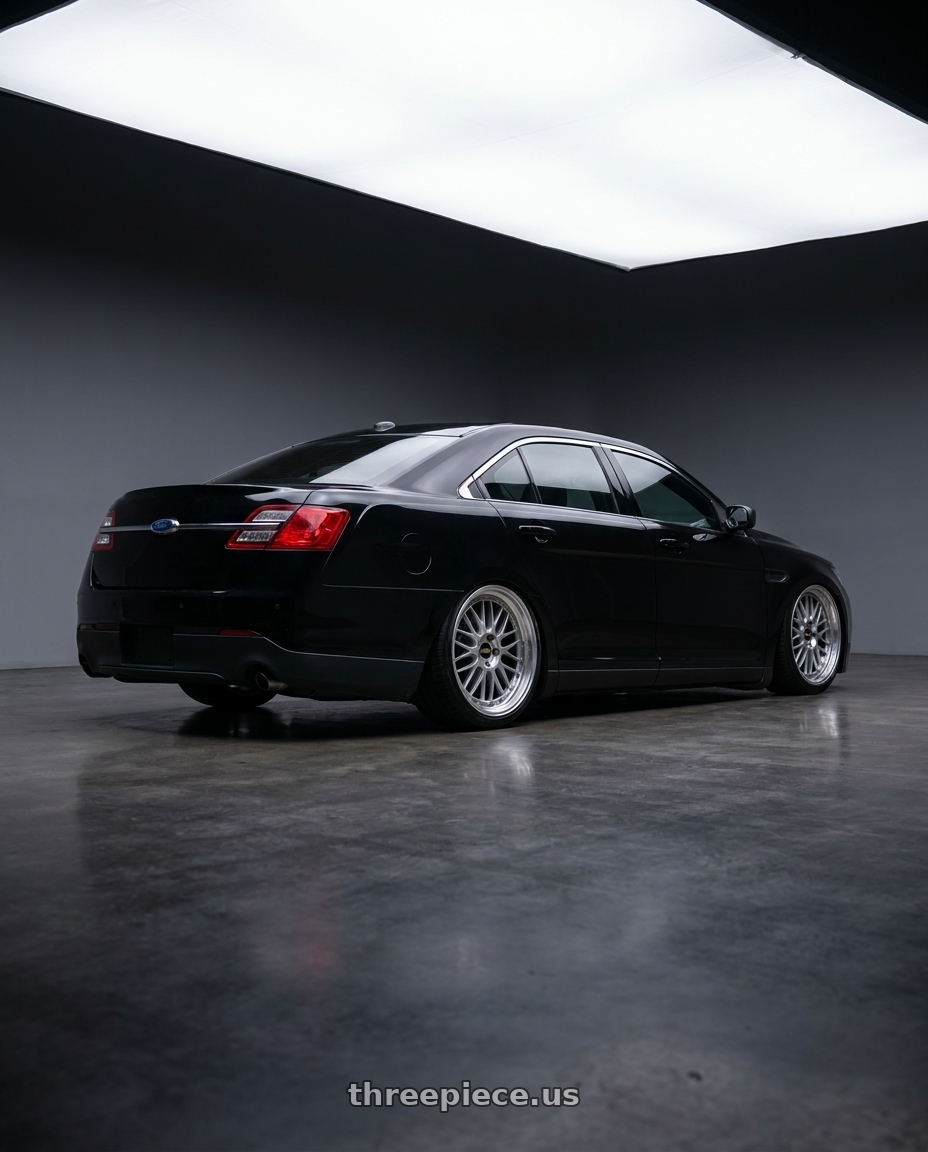 2013 ford Taurus police interceptor with BBS LM 5x112 19x8.5+32 Diamond Silver wheels rear three quarter view slight stretch tires