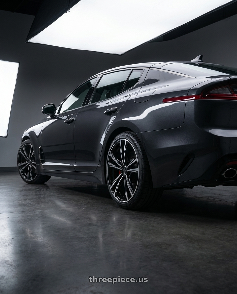 2018 Kia stinger GT2 with WHITE DIAMOND WD2750 5x114.3 20x9 +35 Black / Machined wheels rear three quarter view square tires