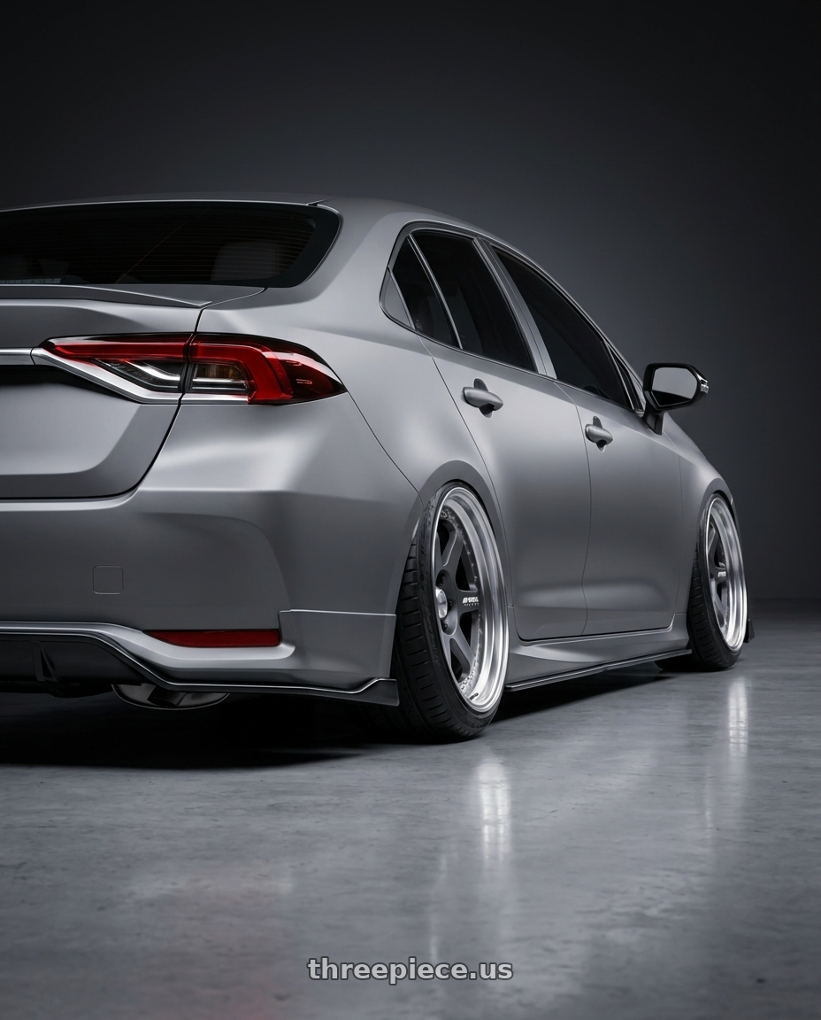 2022 Toyota altis with Work Meister L1 3P 5x100 18x9-7 A Disk Matte Gunmetal wheels rear three quarter view square tires