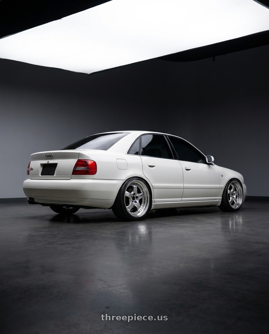 2001 Audi s4 with Work Meister S1 3P 5x112 18x8.5+37 O Disk Bright Buff Finish wheels rear three quarter view slight stretch tires