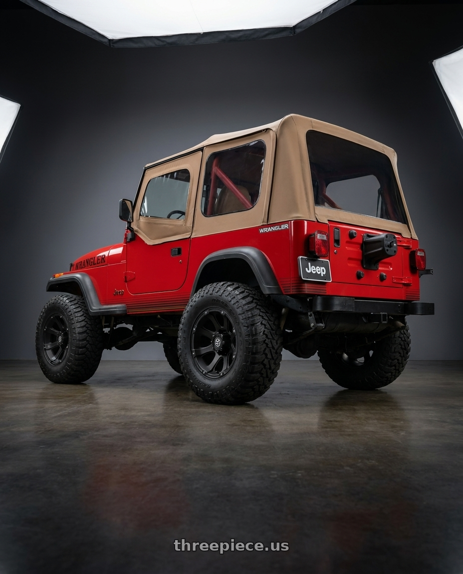 1989 Jeep Wrangler with ATX Series AX188 LEDGE 5X114.3 15X8 -19 TEXTURED BLACK wheels rear three quarter view meaty tires