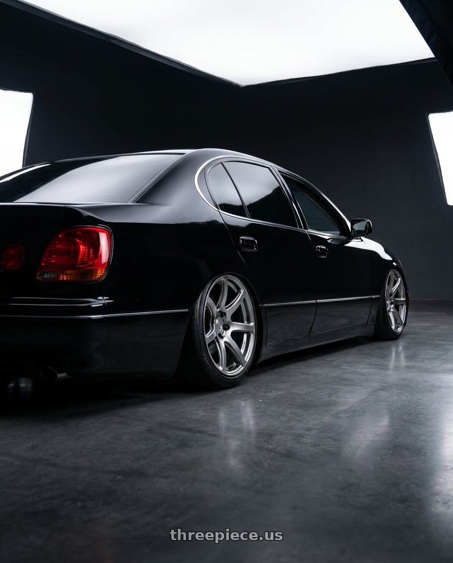 2004  Lexus gs300 with Work Emotion T7r 5x114.3 18x9.5 +12 Gt Silver wheels rear three quarter view slight stretch tires