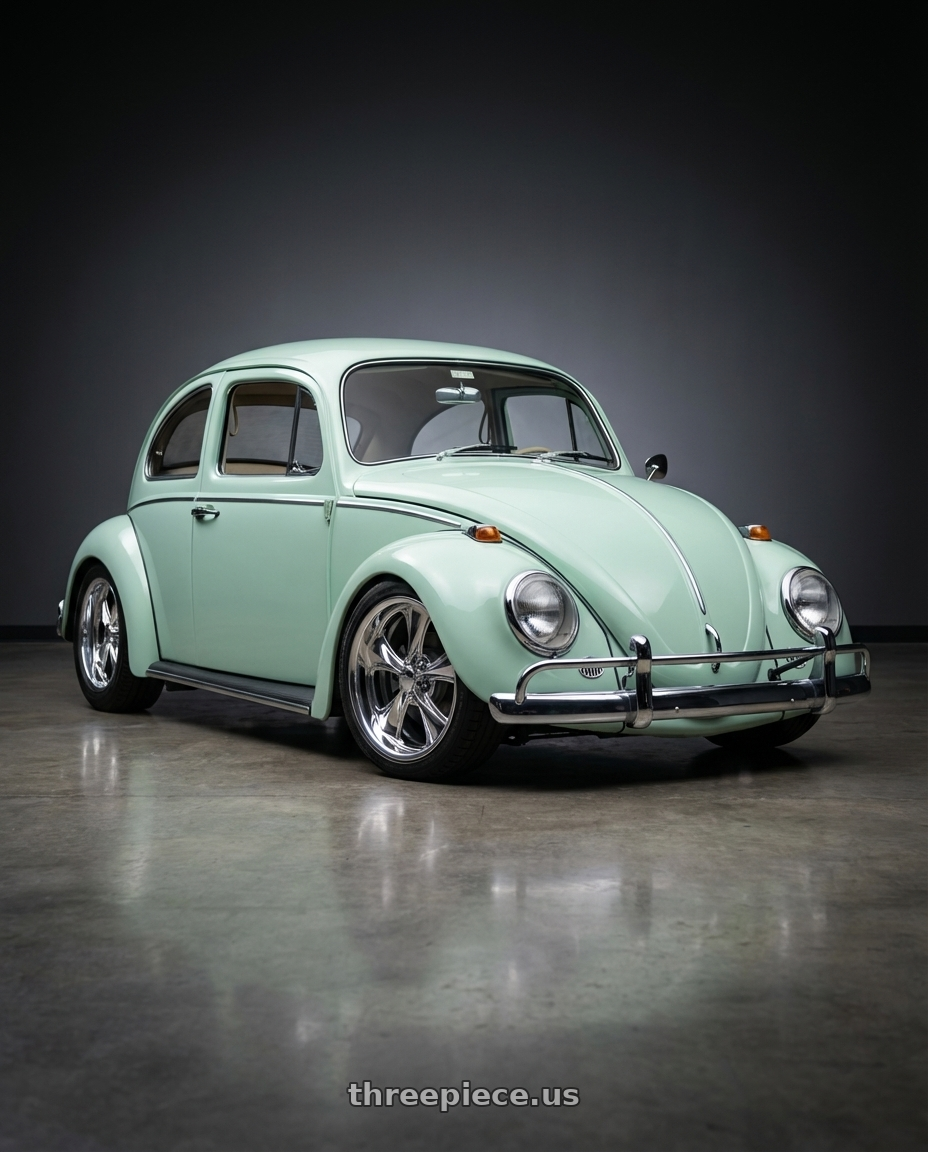 1966 Volkswagen beetle with Foose 2PC F201 NITROUS 5X120.65 17X7 +0 HIGH LUSTER POLISHED wheels front three quarter view lowered stance