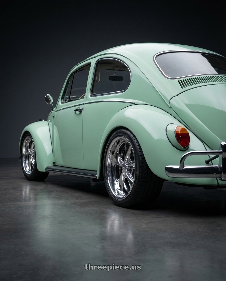 1966 Volkswagen beetle with Foose 2PC F201 NITROUS 5X120.65 17X7 +0 HIGH LUSTER POLISHED wheels rear three quarter view square tires