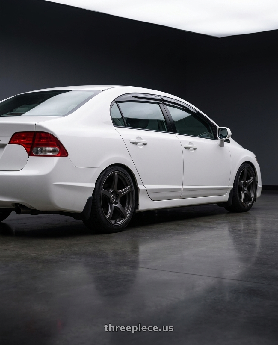 2007 honda civic ex with Work Emotion T5r 5x114.3 17x8 +35 Matte Graphite wheels rear three quarter view square tires