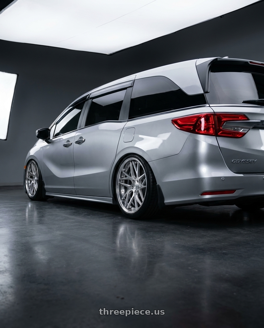 2024 Honda Odyssey with Work Gnosis Cvx 5x120 20x8+45 H Disk Composite Buffed And Brushed wheels rear three quarter view slight stretch tires