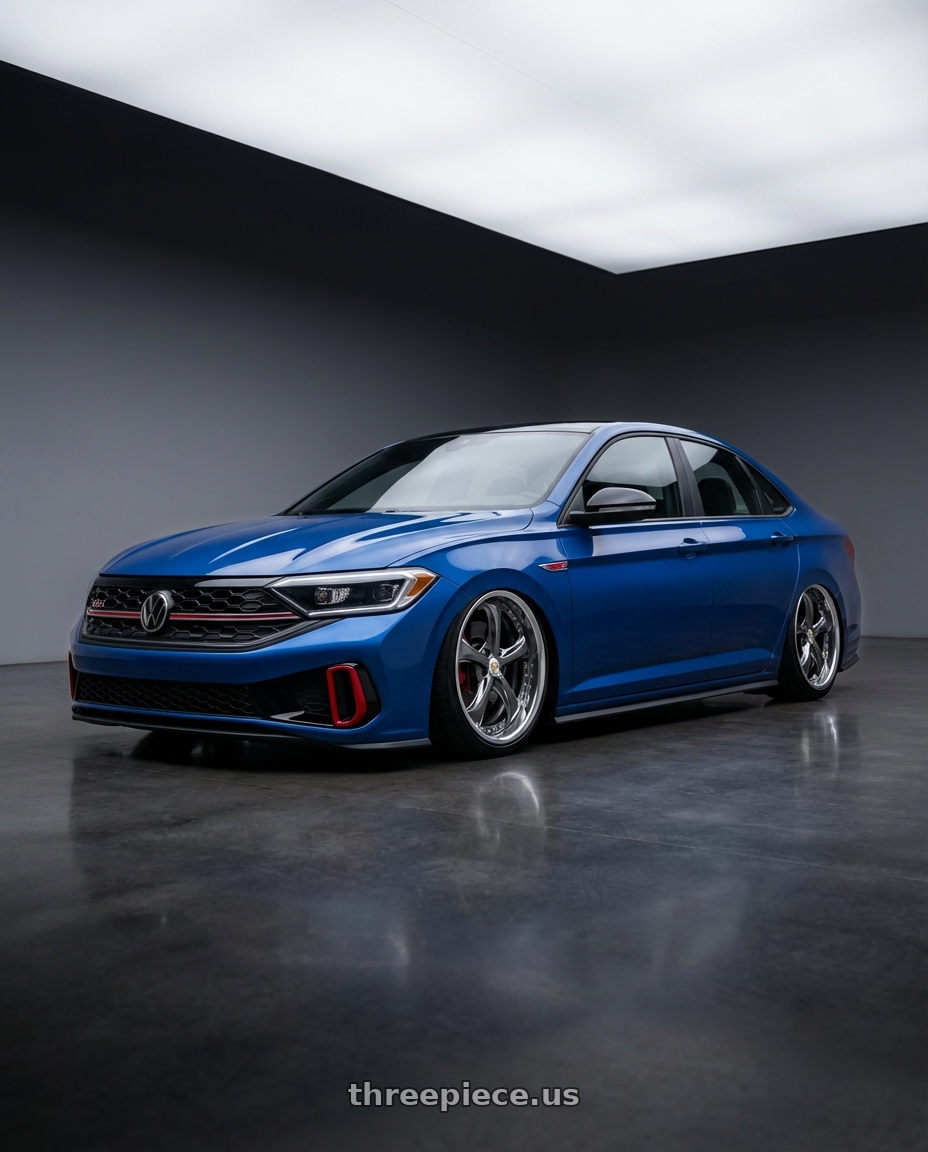 2024 Volkswagen Jetta gli blue  with Work Wheels VS-KF 5X114.3 19x8.5+47 Brilliant Silver Black A Disk FULL REVERSE wheels front three quarter view stanced stance