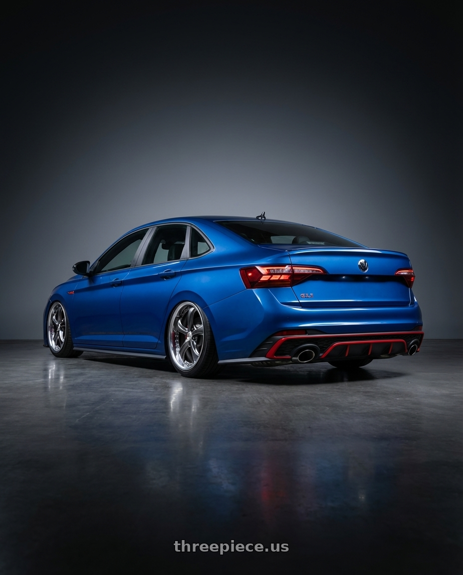 2024 Volkswagen Jetta gli blue  with Work Wheels VS-KF 5X114.3 19x8.5+47 Brilliant Silver Black A Disk FULL REVERSE wheels rear three quarter view slight stretch tires