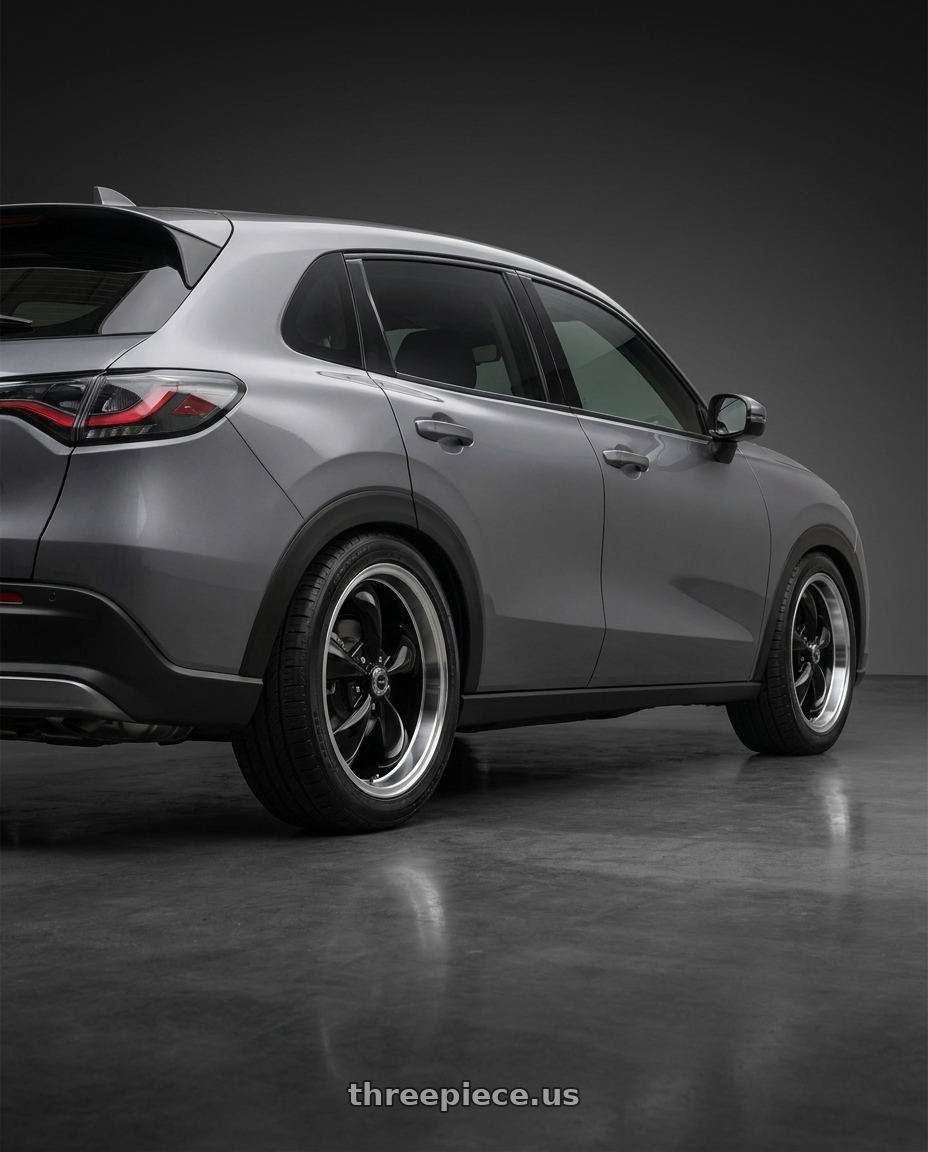 2024 Honda Hr V with American Racing AR105 TORQ THRUST M 5X127 18X8 0 GLOSS BLACK W/ MACHINED LIP wheels rear three quarter view square tires