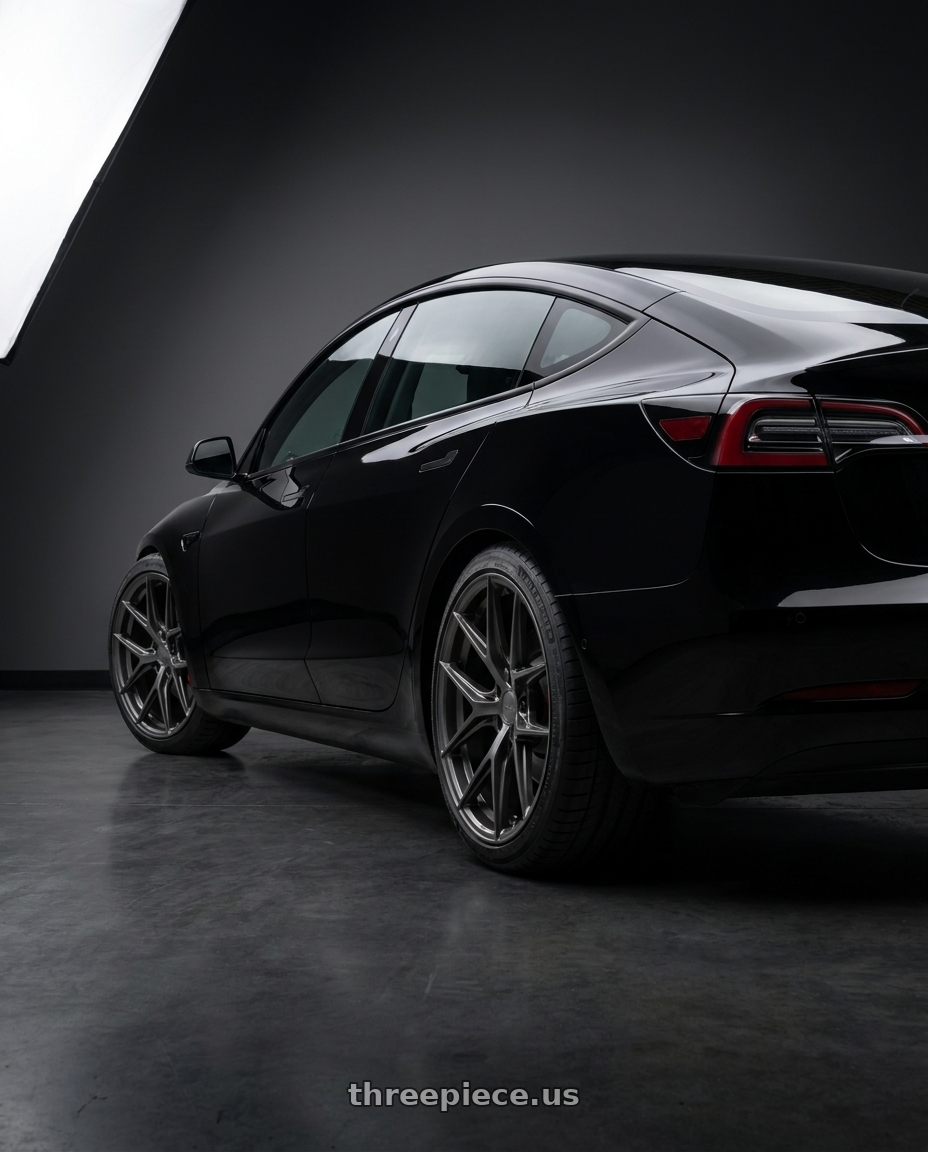 2019 tesla model 3 performance black with chrome delete with Avant Garde Wheels M580R 5X120 20x9 +38 Dark Graphite Metallic wheels rear three quarter view square tires