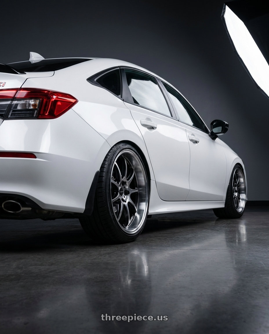 2026 Honda Civic Si with Work Emotion D9r 5x100 18x8.5 +32 Gt Silver Rim Cut wheels rear three quarter view slight stretch tires