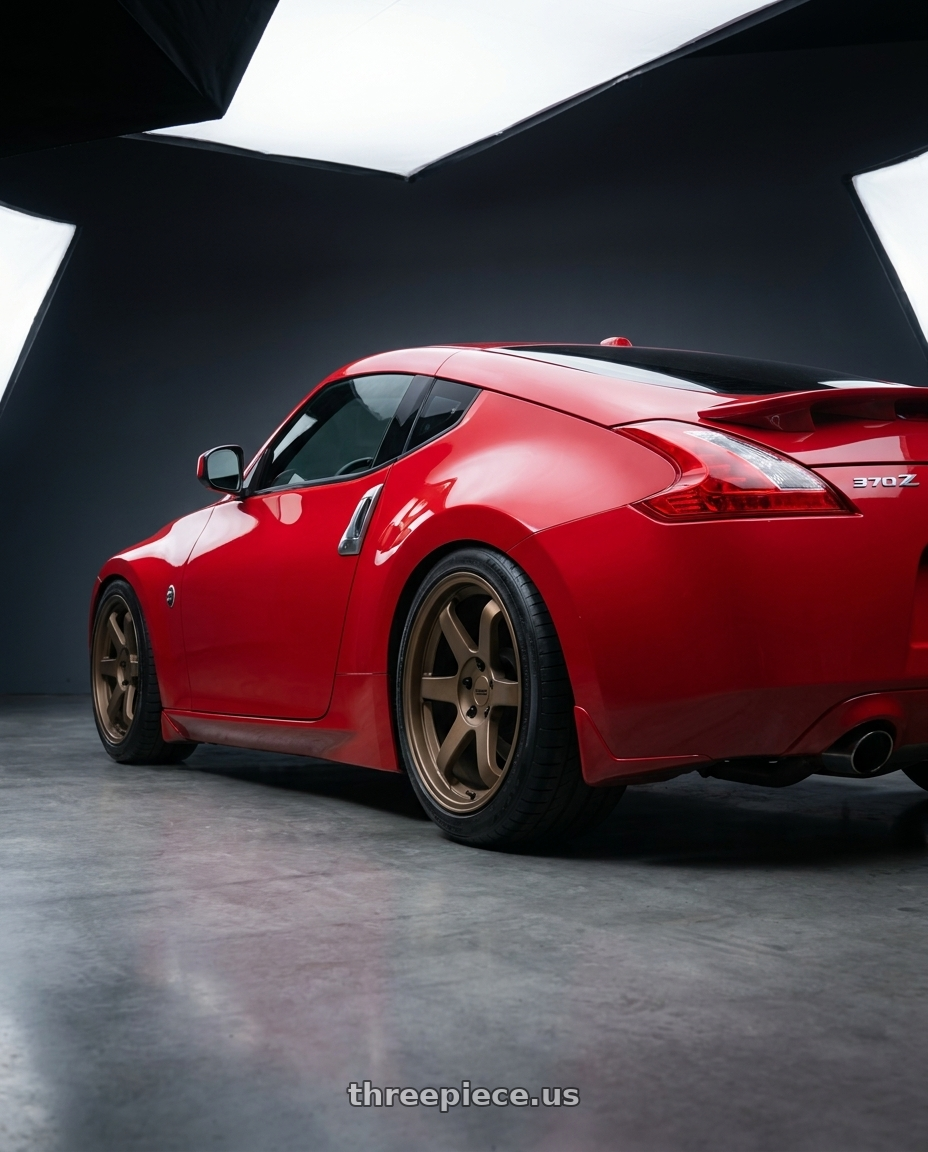 2018 Nissan 370z with KATANA RACING KR08 5x114.3 18x8 +40 Matte Bronze wheels rear three quarter view square tires