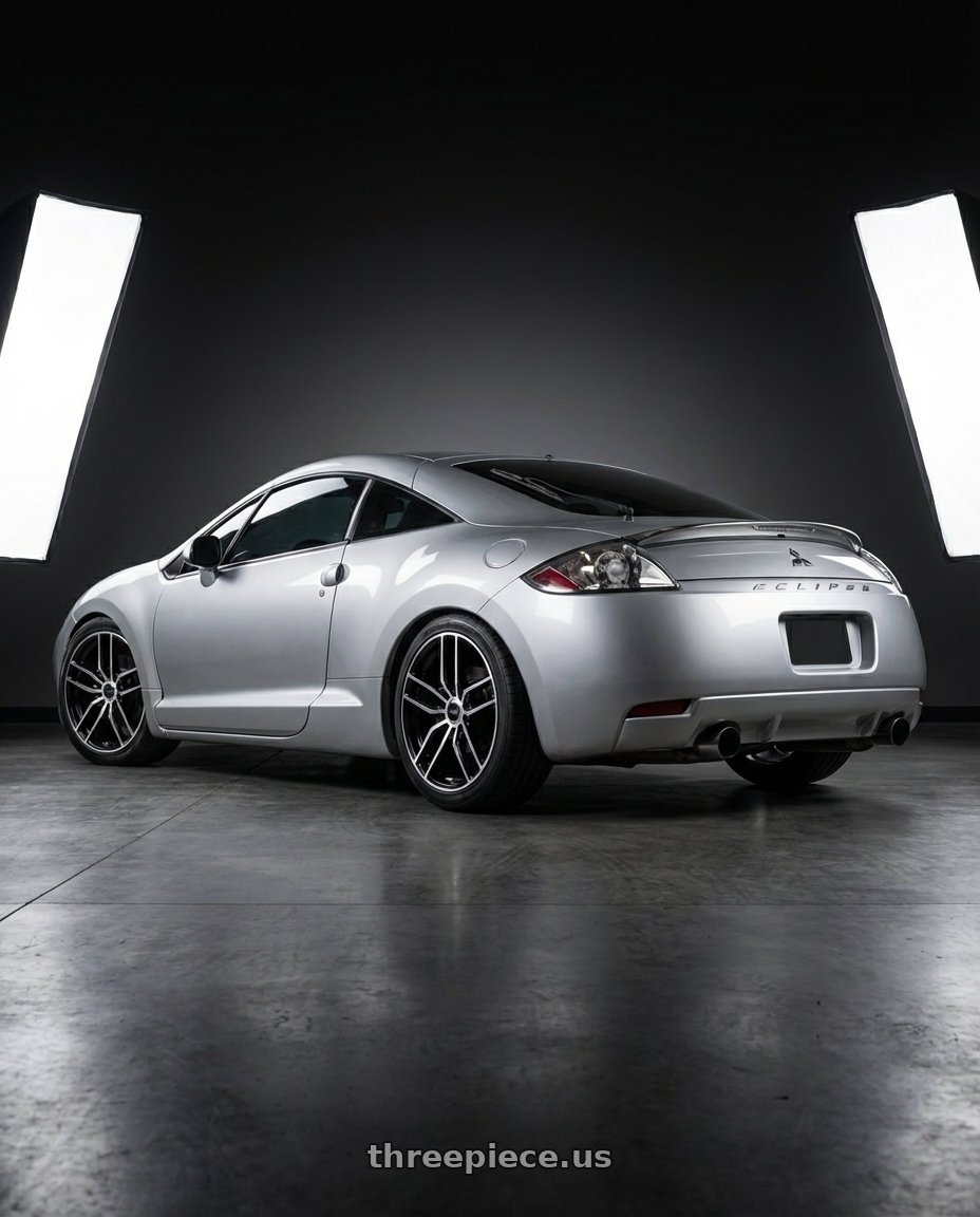 2010 Mitsubishi Eclipse with Konig Intention 5x114.3 18x8+45 Gloss Black / Machine Face wheels rear three quarter view square tires