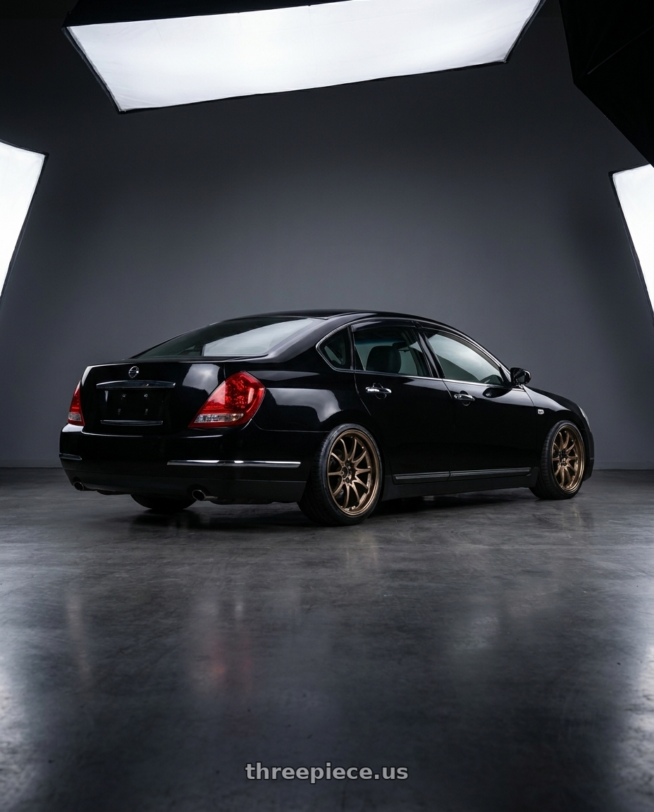 2005 Nissan Teana j31 black with Volk Racing CE28N 5x114.3 18x8.5 +30 BRONZE wheels rear three quarter view slight stretch tires