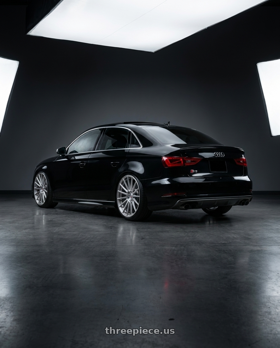 2016 Audi S3 with VOSSEN S17-04 5X112 20x10 +25 BRUSHED LIGHT SMOKE wheels rear three quarter view extreme stretch tires