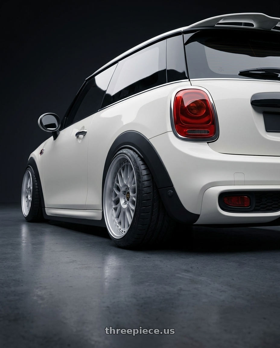 2017 mini cooper with Work Vs-Xx 5x112 18x7.5+40 R Disk Light Grey Silver wheels rear three quarter view meaty tires