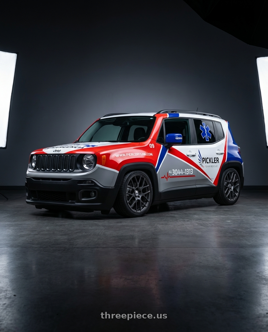 jeep renegade 2020 adesivada with TSW NURBURGRING 5X114.3 17X7.5 +45 MATTE GUNMETAL wheels front three quarter view slammed stance