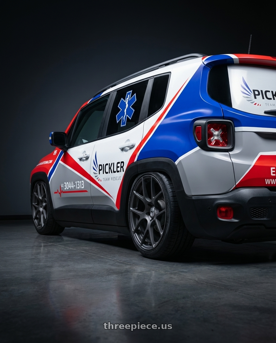 jeep renegade 2020 adesivada with TSW NURBURGRING 5X114.3 17X7.5 +45 MATTE GUNMETAL wheels rear three quarter view square tires