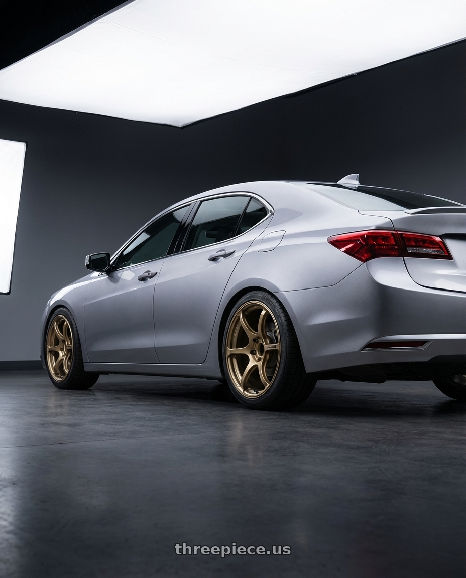 2019 Acura TLX with Advan RGIII 5x114.3 19x10.5+25 Gold wheels rear three quarter view square tires