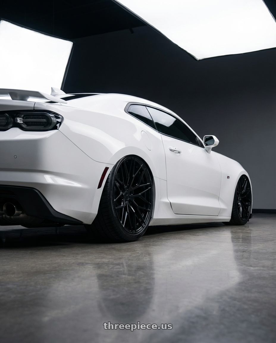 2022 Chevrolet Camaro with Avant Garde Wheels M520R 5X120 20x9 +38 Gloss Black wheels rear three quarter view slight stretch tires
