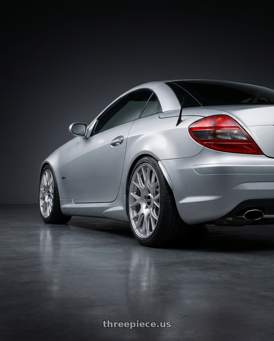 2010 Benz SLK R171  with BBS CH-R 5x112 19x8.5 +32 Brilliant Silver Polished Rim Protector wheels rear three quarter view square tires