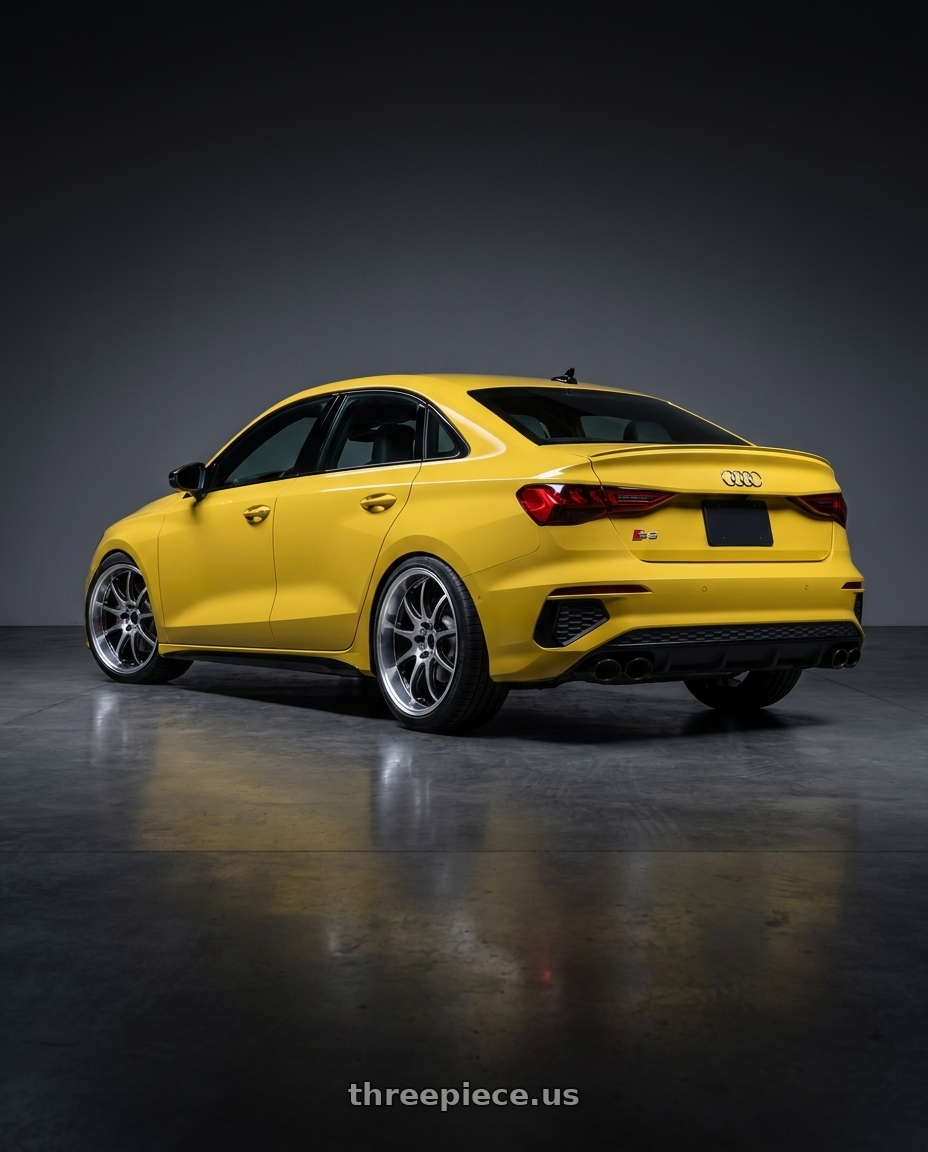 2023 Audi S3 with Work Emotion D9r 5x112 19x8.5 +45 Gt Silver Rim Cut wheels rear three quarter view slight stretch tires
