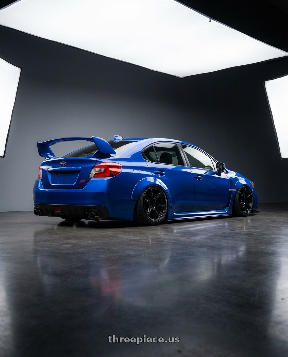 2018 Subaru WRX STI with Advan RGIII 5x114.3 18x9.0+35 Gloss Black wheels rear three quarter view slight stretch tires