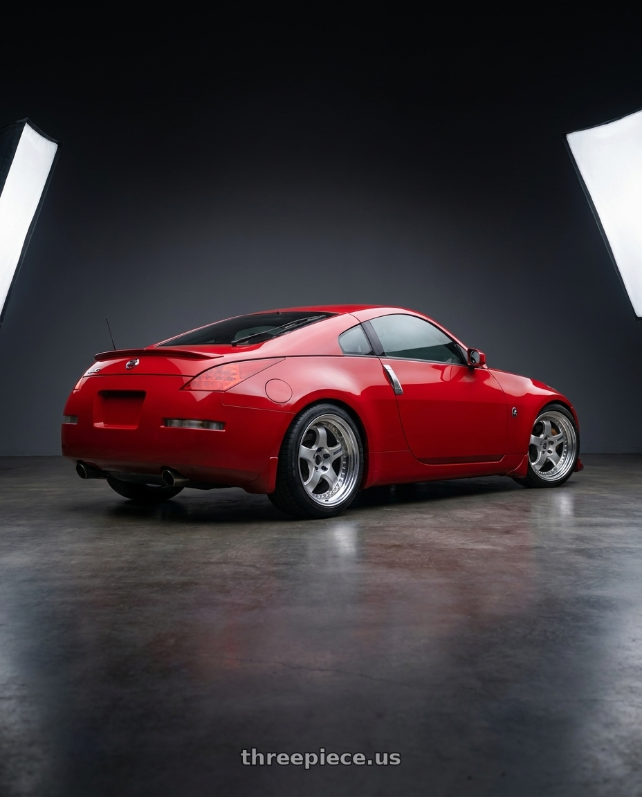 2003 Nissan 350z Touring with Work Meister S1 3P 5x114.3 18x8+35 A Disk Silver wheels rear three quarter view square tires