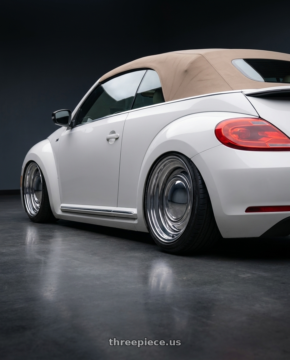 2015 vw beetle r line with American Racing Vintage VN31 SMOOTHIE 5X114.3/5X120.65 14X7 -6 CHROME STEEL wheels rear three quarter view extreme stretch tires