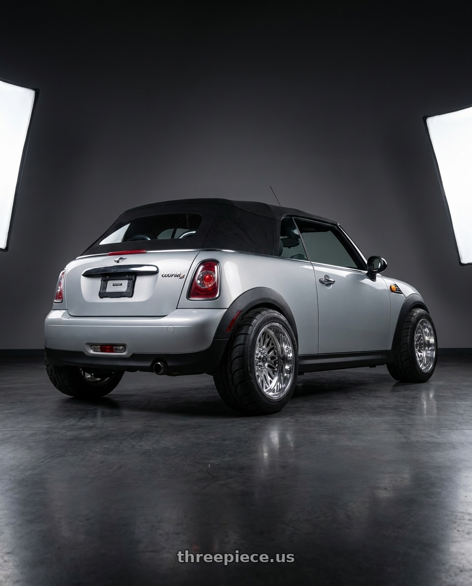 2014 r57  mini cooper convertible silver with Fuel Forged FF109 8x165.1 20x9 +0 POLISHED wheels rear three quarter view meaty tires