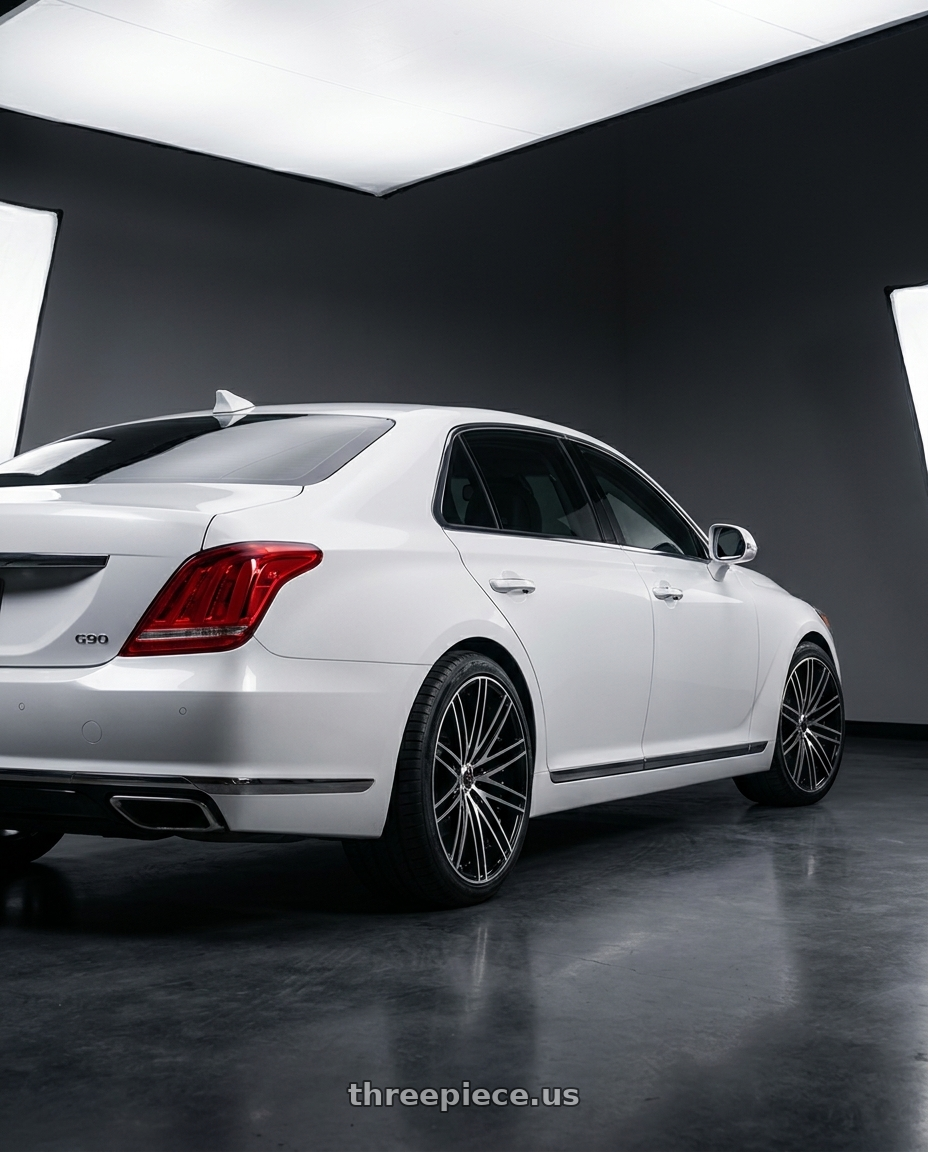 2018 genesis g90 ultimate with MARQUEE WHEELS M3246 5x114.3 20x9+35 BLACK / MACHINED wheels rear three quarter view square tires