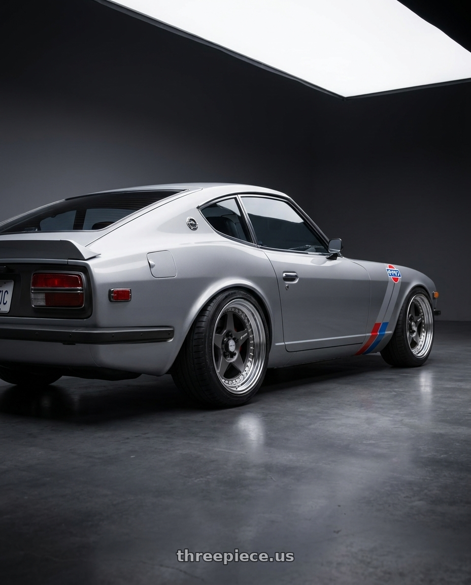 1974 260z datsun with Work Meister Cr01 4x114.3 16x8+-6 O Disk Matte Gunmetal wheels rear three quarter view square tires