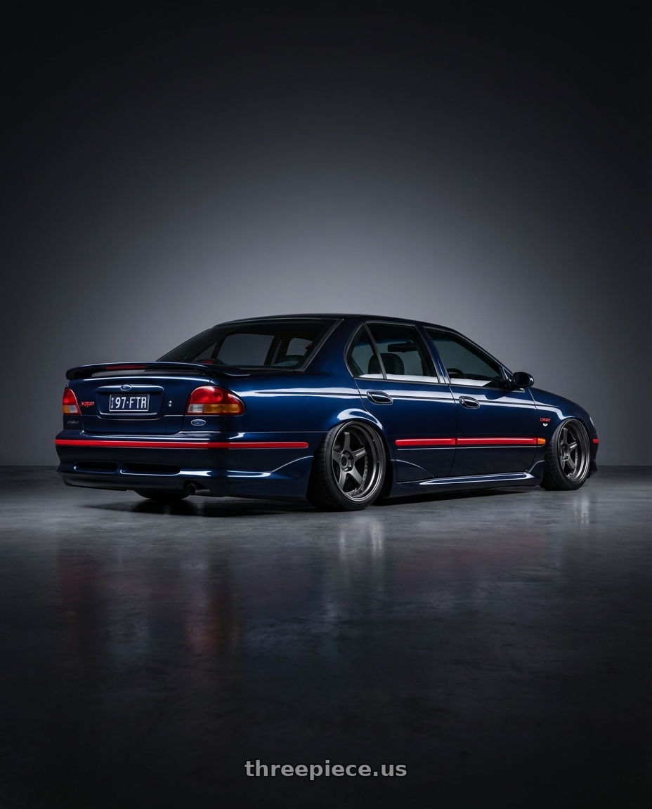 1997 ford falcon with Volk Racing 21C 5x112 18x10.5 +30 DARK GUNMETAL / RIM DC wheels rear three quarter view square tires