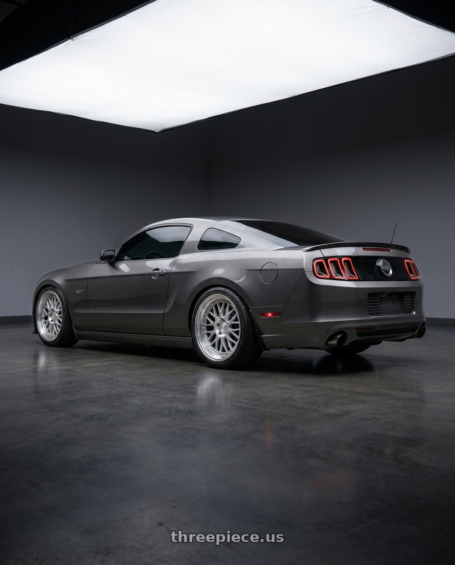 2014 Ford Mustang GT with ESR Wheels SR SERIES SR01 5x114.3 19x9.5 +35 Hyper Silver wheels rear three quarter view square tires