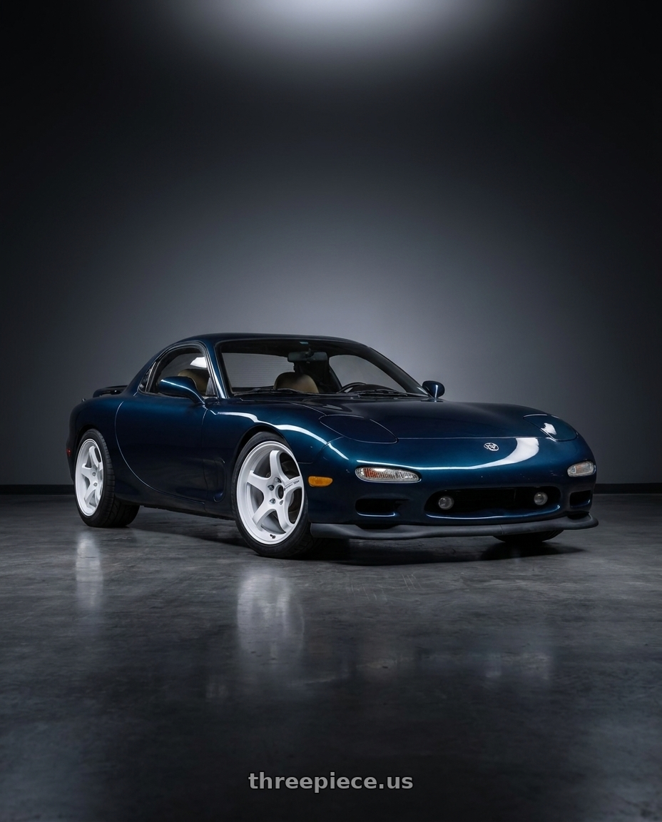 1994 Mazda RX-7 with Advan Racing GT BEYOND 5x114.3 17x9.5 +35 RACING WHITE wheels front three quarter view lowered stance
