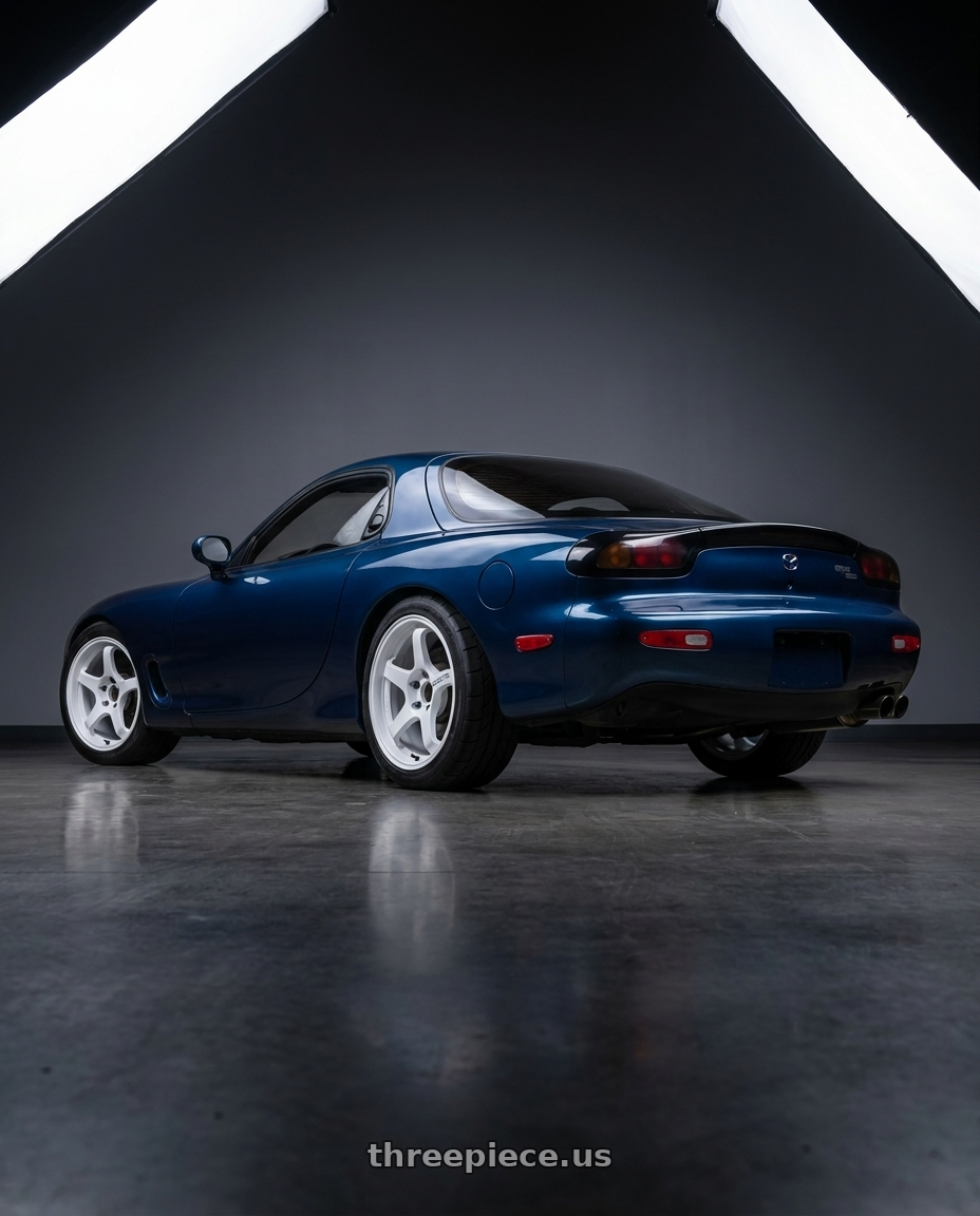 1994 Mazda RX-7 with Advan Racing GT BEYOND 5x114.3 17x9.5 +35 RACING WHITE wheels rear three quarter view square tires