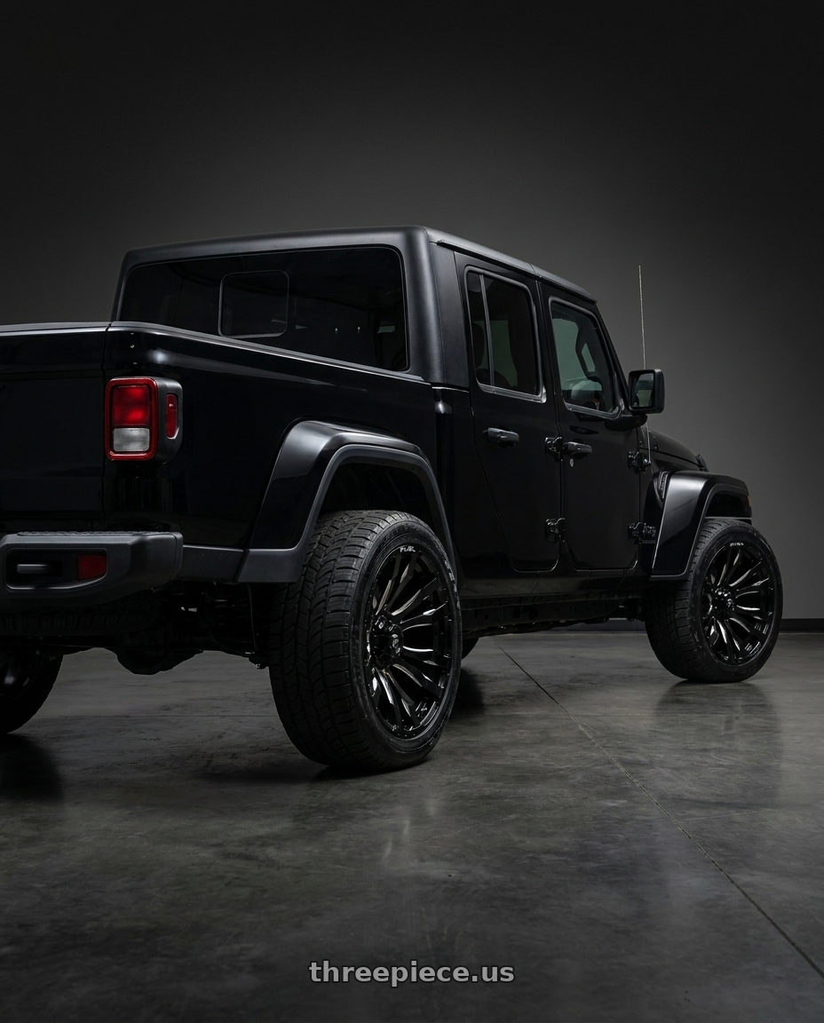 2021 jeep gladiator  with Fuel 1PC D673 BLITZ 5X127 22X12 -44 GLOSS BLACK MILLED wheels rear three quarter view square tires