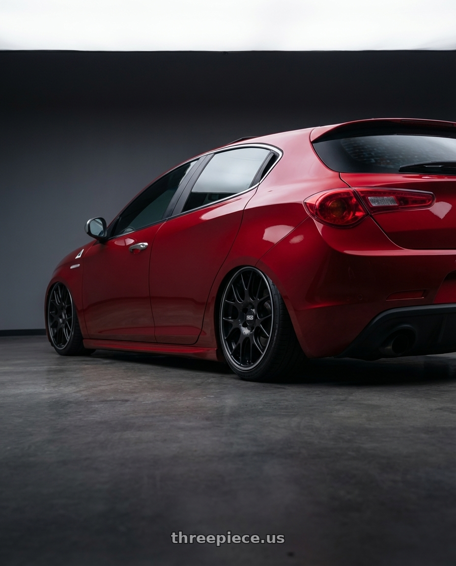 2012 Alfa Romeo Giulietta QV 940 with BBS CH-R 5x130 19x11 +56 Satin Black Polished Rim Protector wheels rear three quarter view slight stretch tires