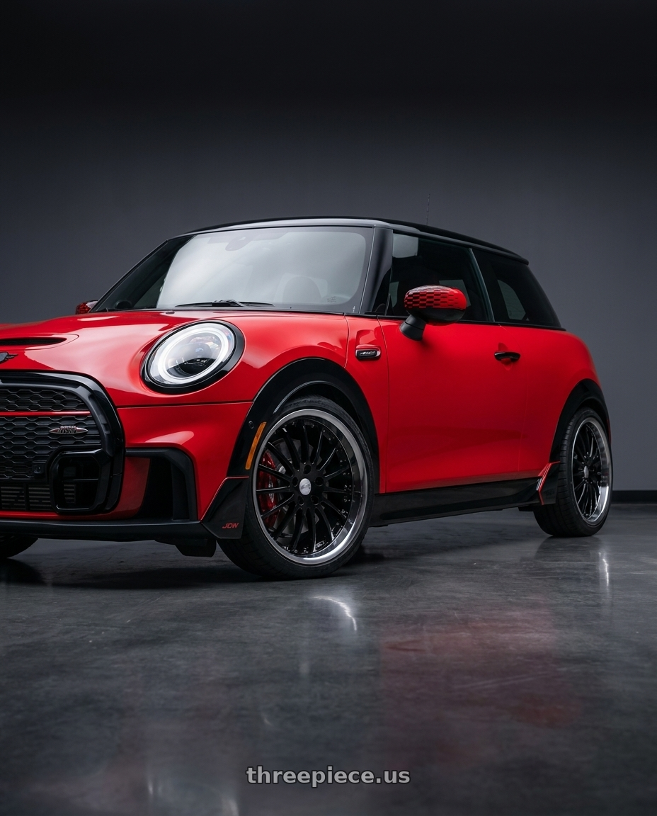 2025 mini jcw red with Coventry WHITLEY 5X108 18X8.5 +42 GLOSS BLACK W/ MIRROR CUT LIP wheels