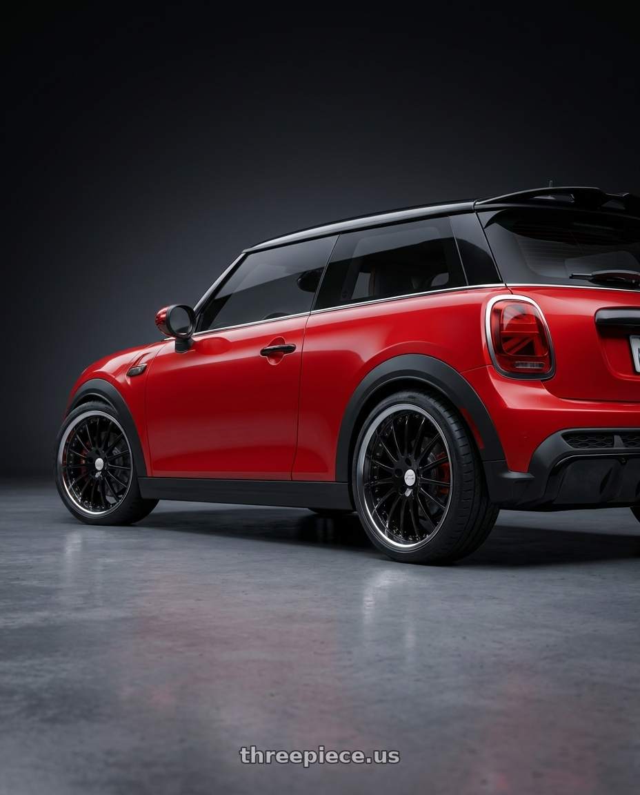 2025 mini jcw red with Coventry WHITLEY 5X108 18X8.5 +42 GLOSS BLACK W/ MIRROR CUT LIP wheels rear three quarter view square tires