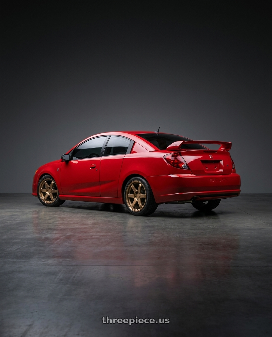 2005 Saturn Ion Redline Chili Pepper Red with 9six9 SIX-1 5x100 17X8 +35 Matte Bronze wheels rear three quarter view square tires
