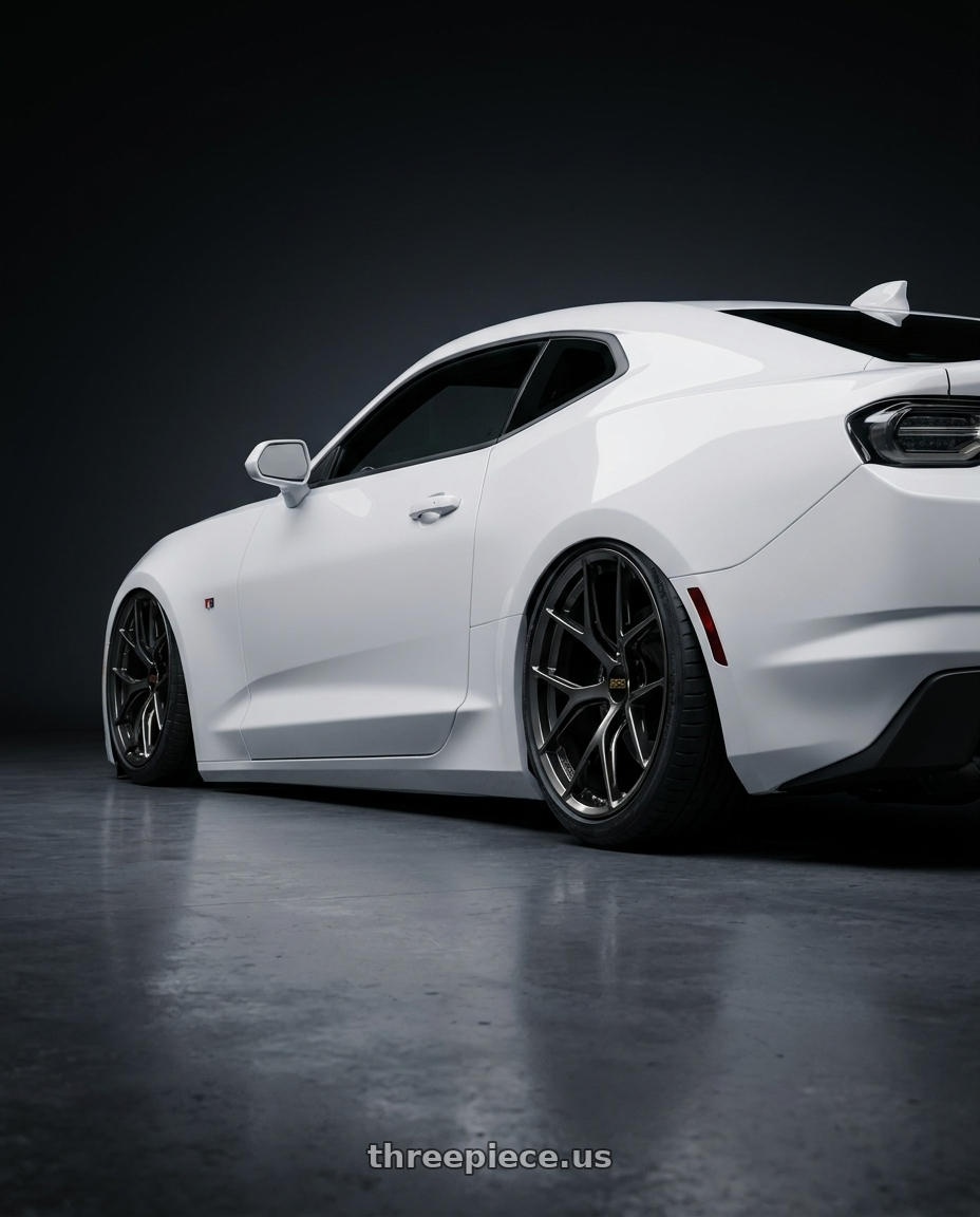 2022 Chevrolet Camaro with BBS FI-R 5x120 20x10.5+35 Diamond Black wheels rear three quarter view slight stretch tires