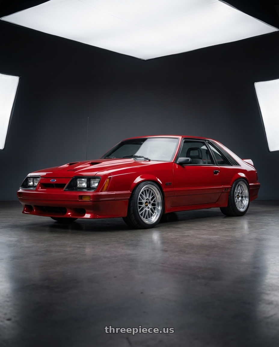 1986 Ford Mustang GT Rapid Red with BBS LM 5x114.3 18x10.0+25 Diamond Silver wheels