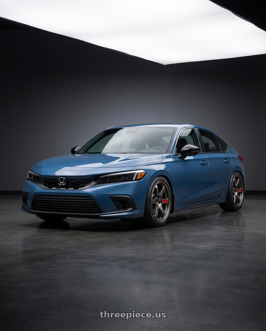 2025 Honda Civic Touring Blue Lagoon Pearl with Volk Racing TE37 Saga SL 5x114.3 18x8.5+45 Pressed Graphite wheels