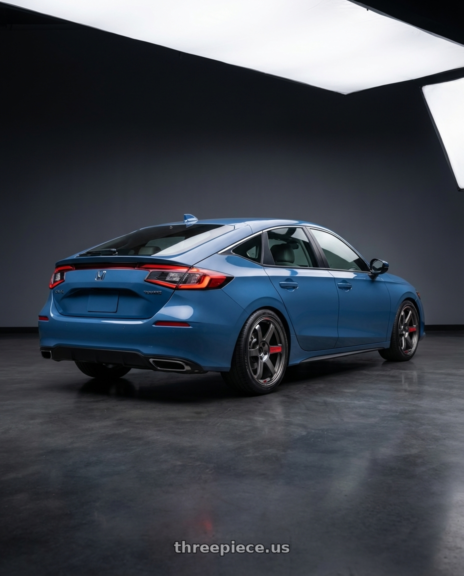 2025 Honda Civic Touring Blue Lagoon Pearl with Volk Racing TE37 Saga SL 5x114.3 18x8.5+45 Pressed Graphite wheels rear three quarter view square tires