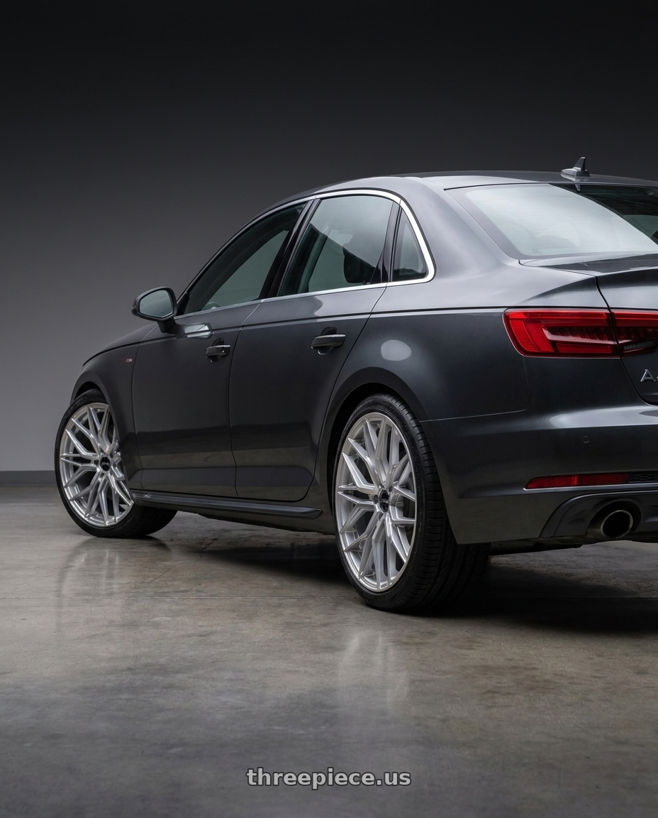2017 Audi A4 with F1R FS3 5x112 19x8.5 +35 Machine Silver wheels rear three quarter view square tires