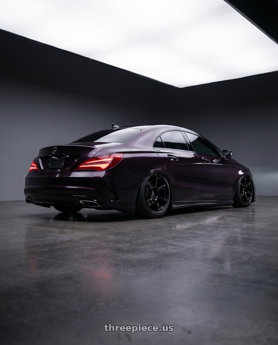 2018 Mercedes-Benz CLA C117 with Advan RGIII 5x112 19x8.5+45 Gloss Black wheels rear three quarter view slight stretch tires