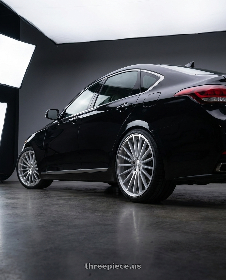 2016 Hyundai Genesis 3 8 with DOLCE PERFORMANCE GHOST 5x114.3 19x8.5 +35 Gloss Silver Machined Face wheels rear three quarter view square tires