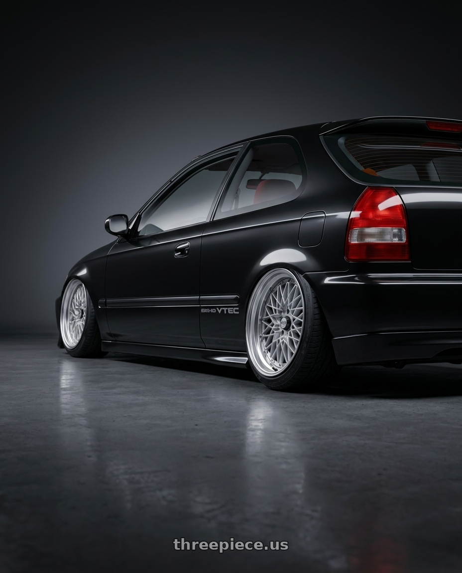 2000 honda civic hatchback with SSR Formula MESH 4X100 16X7+13 NR Disk Fm Silver wheels rear three quarter view slight stretch tires